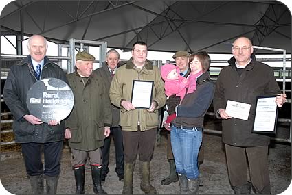 At the CLA award for the best new build in England and Wales, left to right, John Allinson, John Hodgson, Charles Harle, Nick Hodgson, Raby Estate agent Jeremy Greenside, Nick's wife Claire and baby Harriet and Geoff Simpson.